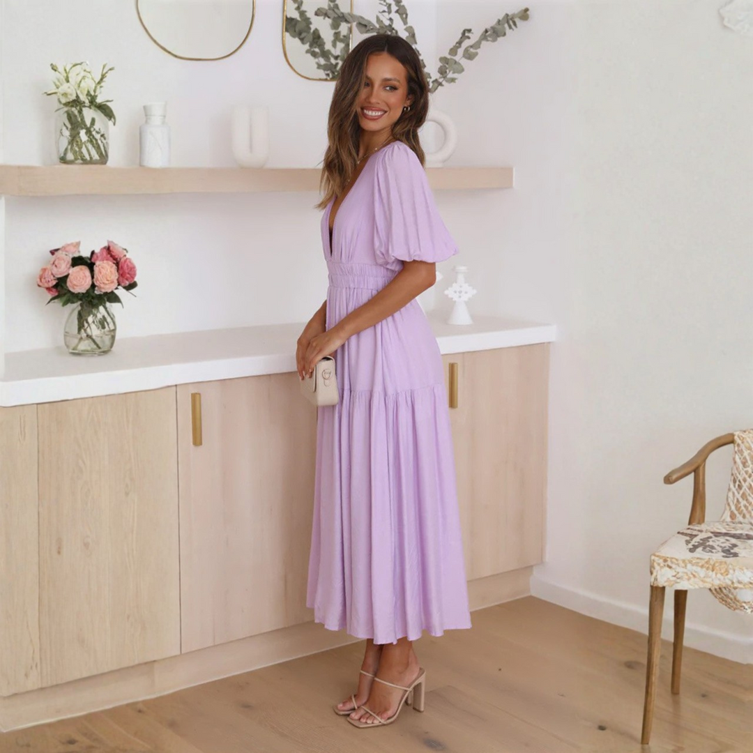 NAMU™ - Robe longue trapèze à manches longues et col en V élégante