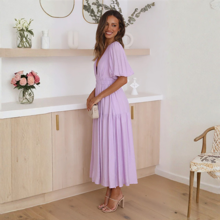 NAMU™ - Robe longue trapèze à manches longues et col en V élégante
