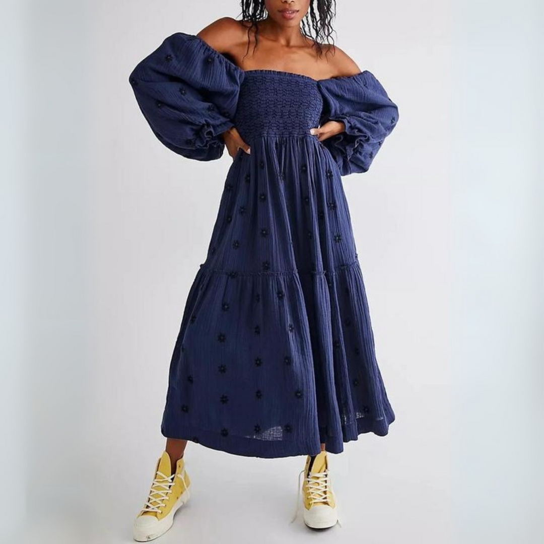 MOIRA™ - Robe longue confortable à manches lanterne à col carré à imprimé floral