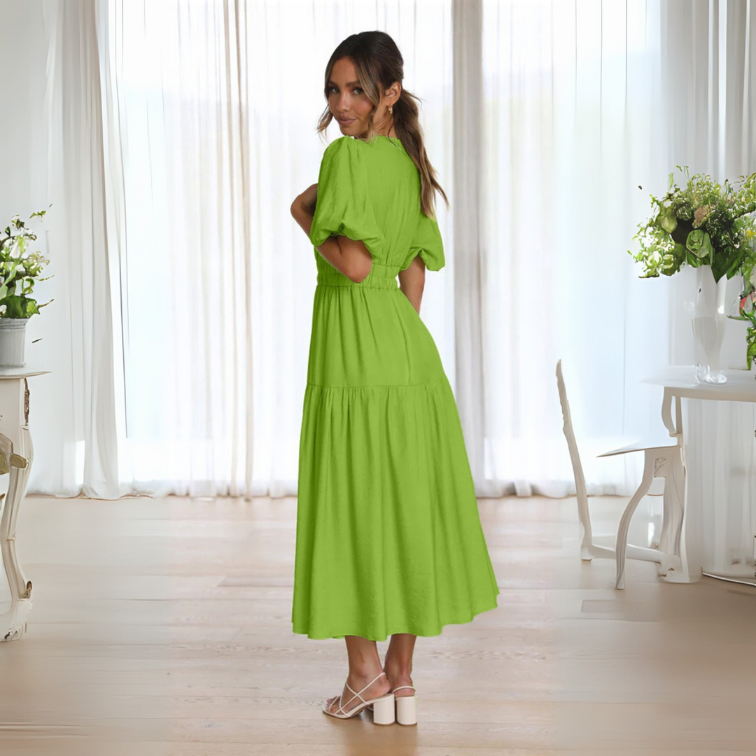 NAMU™ - Robe longue trapèze à manches longues et col en V élégante