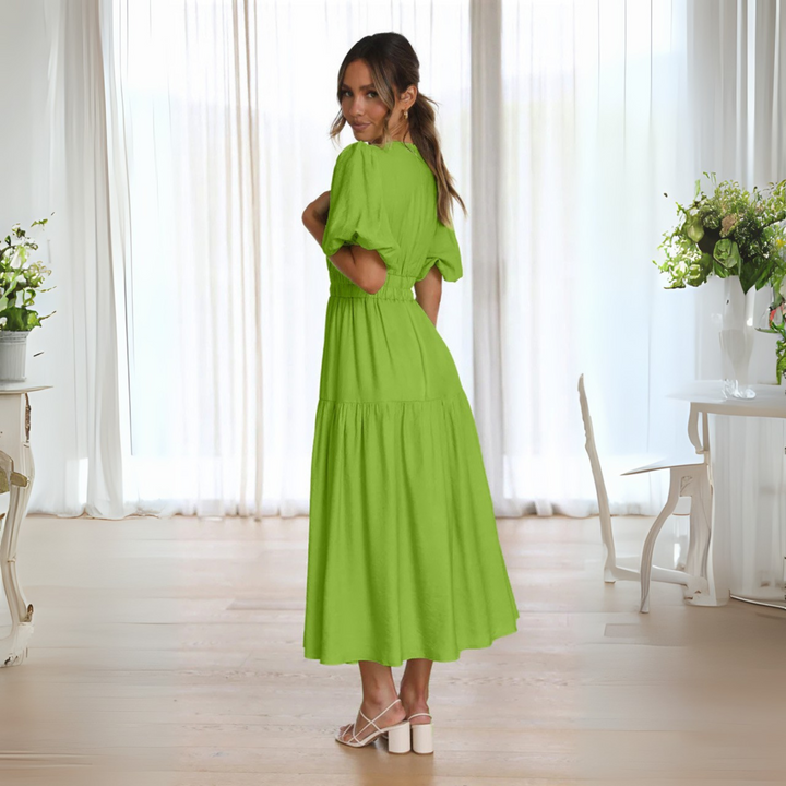 NAMU™ - Robe longue trapèze à manches longues et col en V élégante