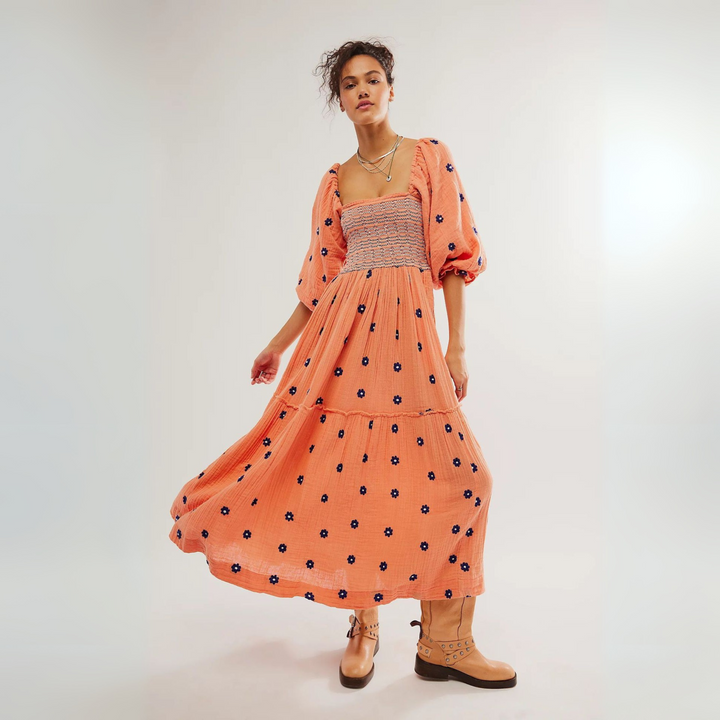 MOIRA™ - Robe longue confortable à manches lanterne à col carré à imprimé floral