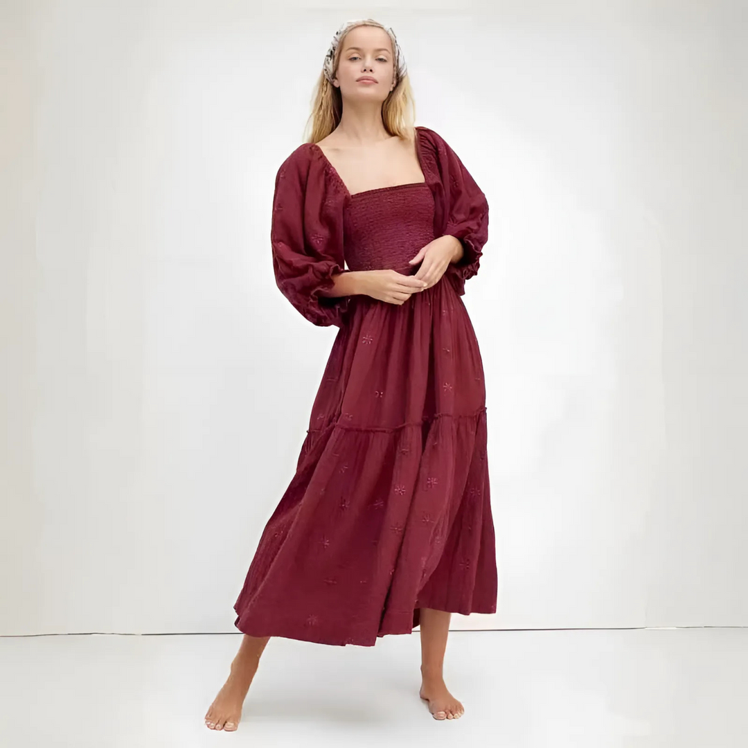 MOIRA™ - Robe longue confortable à manches lanterne à col carré à imprimé floral