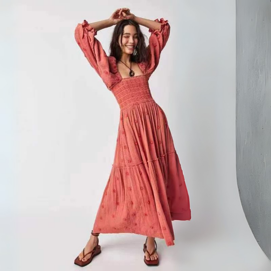 MOIRA™ - Robe longue confortable à manches lanterne à col carré à imprimé floral