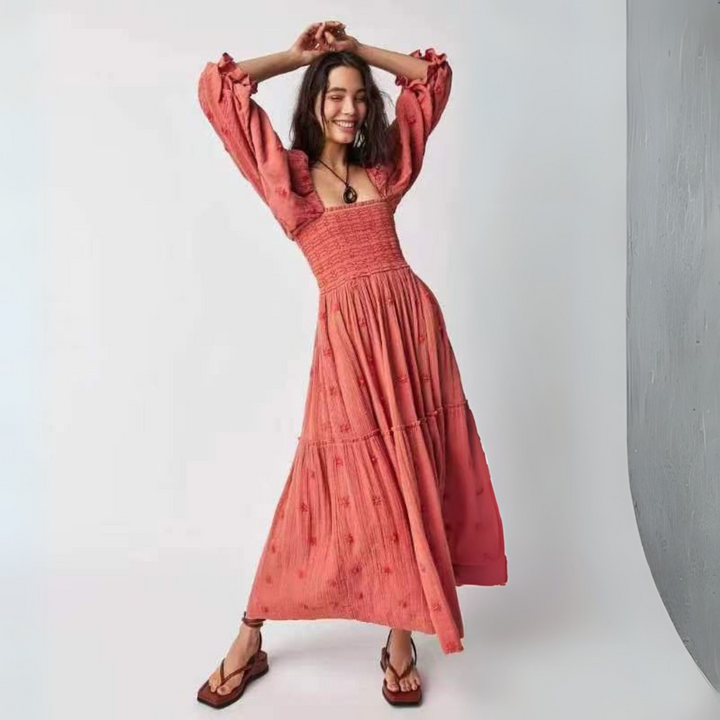 MOIRA™ - Robe longue confortable à manches lanterne à col carré à imprimé floral