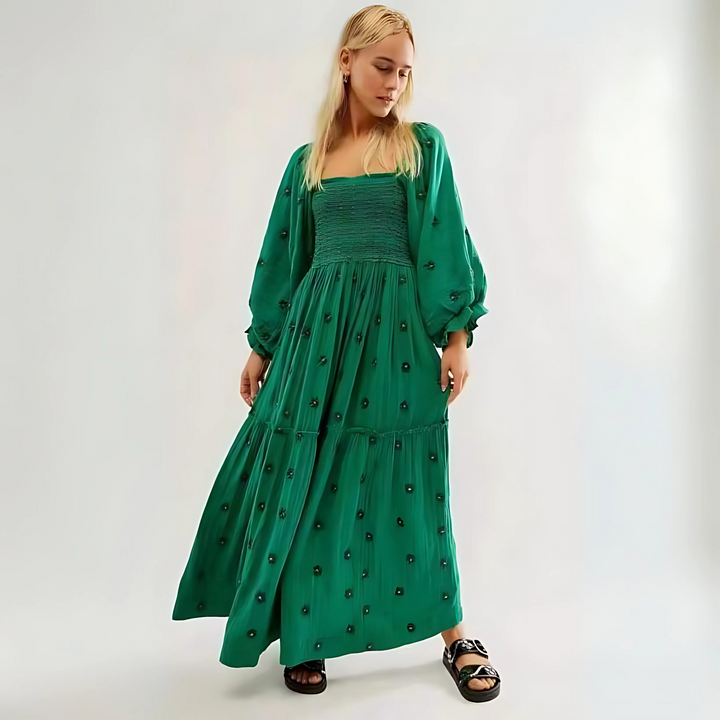 MOIRA™ - Robe longue confortable à manches lanterne à col carré à imprimé floral