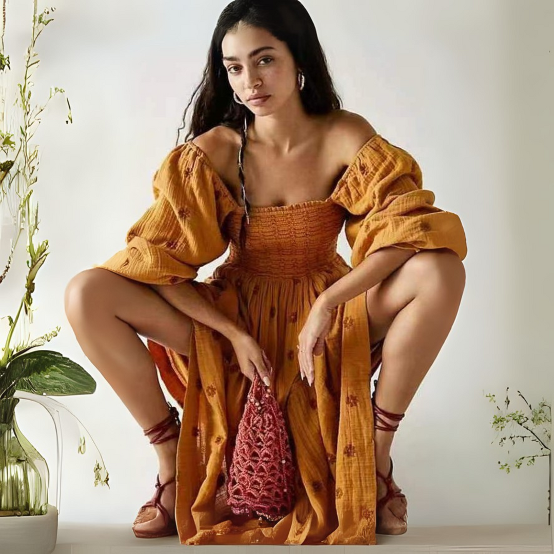 MOIRA™ - Robe longue confortable à manches lanterne à col carré à imprimé floral