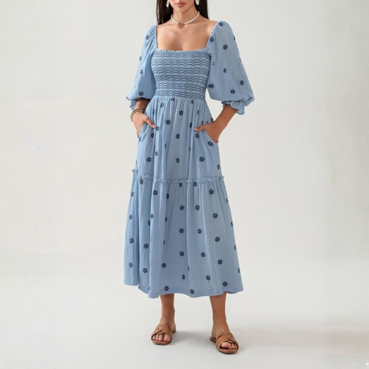 MOIRA™ - Robe longue confortable à manches lanterne à col carré à imprimé floral