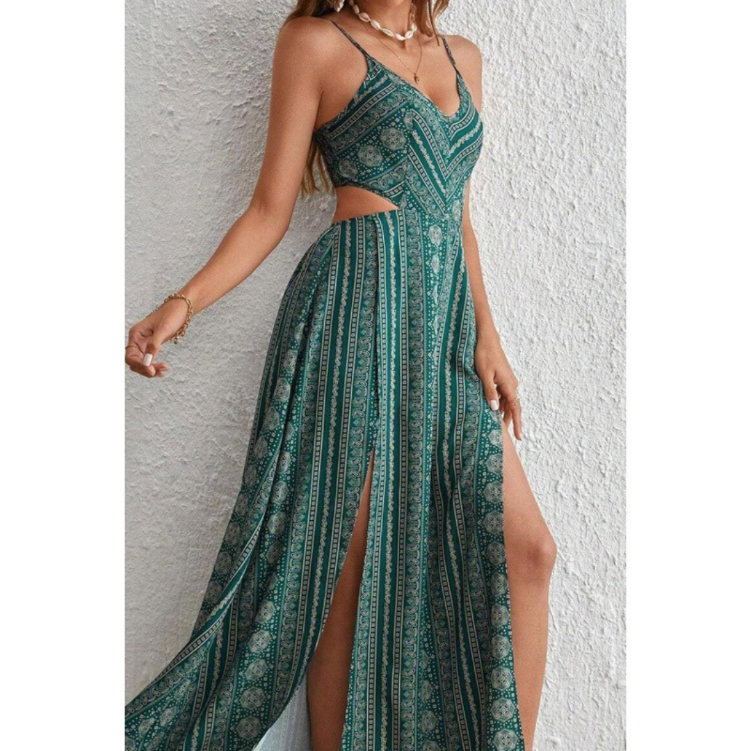 CLARINDA™ – Robe longue froncée sans manches à col en V profond décontractée