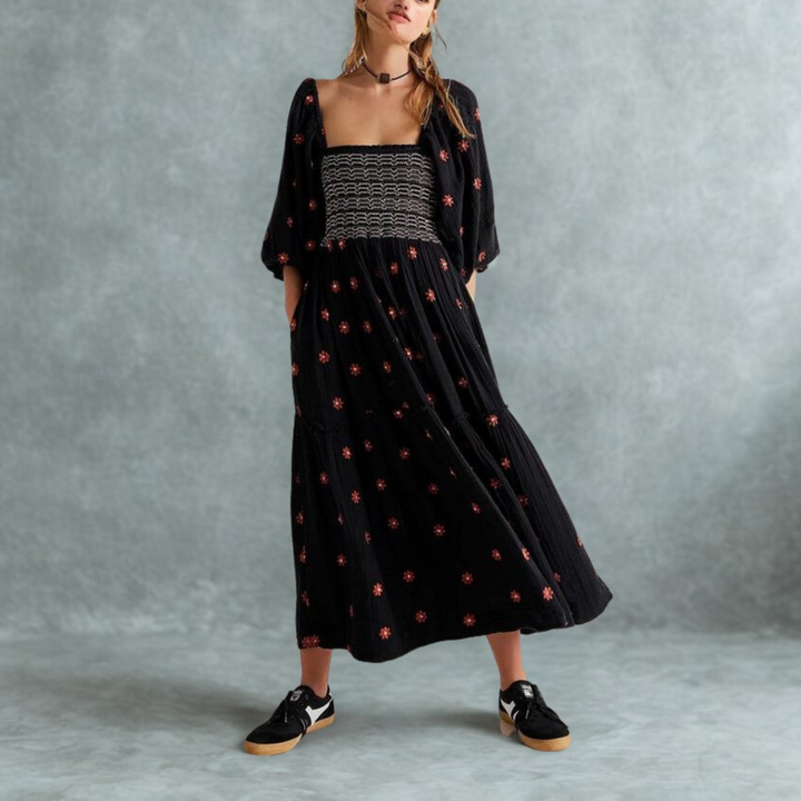 MOIRA™ - Robe longue confortable à manches lanterne à col carré à imprimé floral