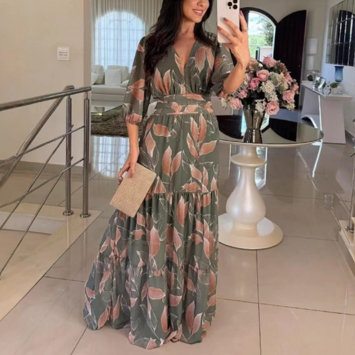 BELL™ - Robe longue élégante col en V manches bouffantes