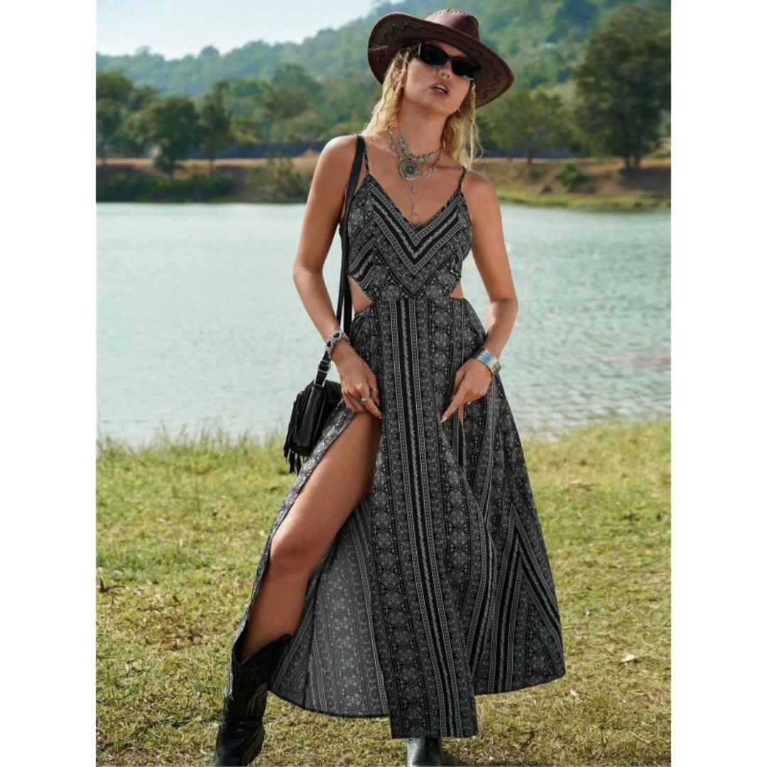 CLARINDA™ – Robe longue froncée sans manches à col en V profond décontractée