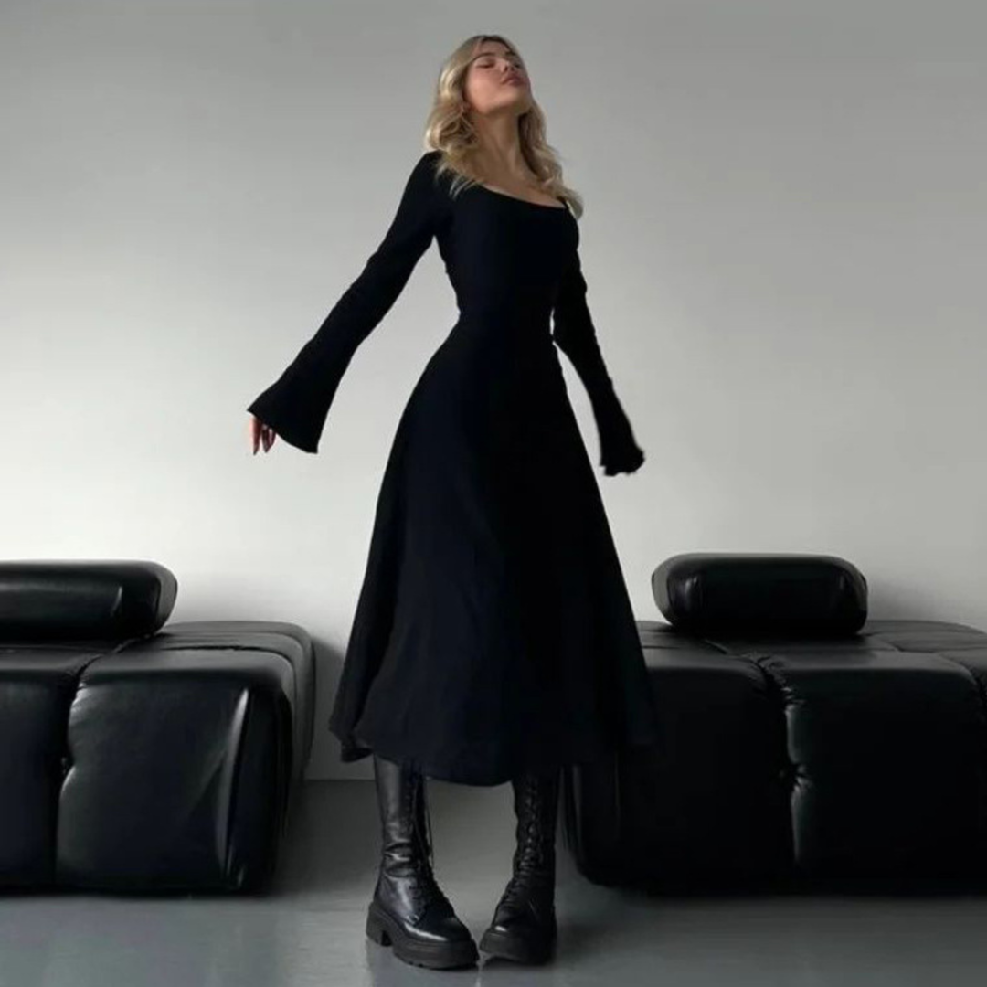 CILICIA™ - Robe Longue Trapèze Maxi Élégante Unie à Volants Manches Longues Col Carré