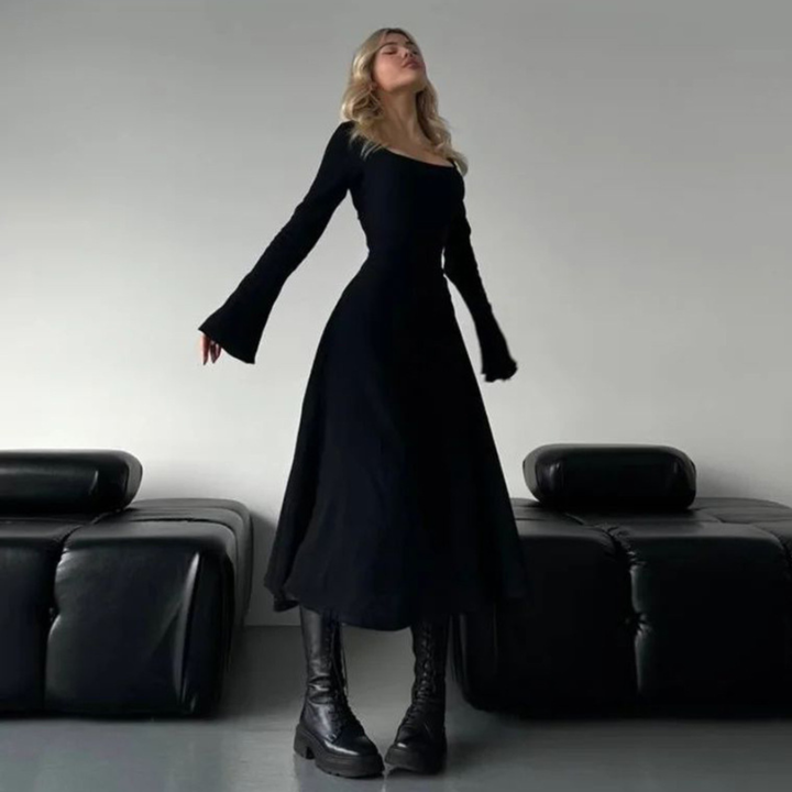 CILICIA™ - Robe Longue Trapèze Maxi Élégante Unie à Volants Manches Longues Col Carré