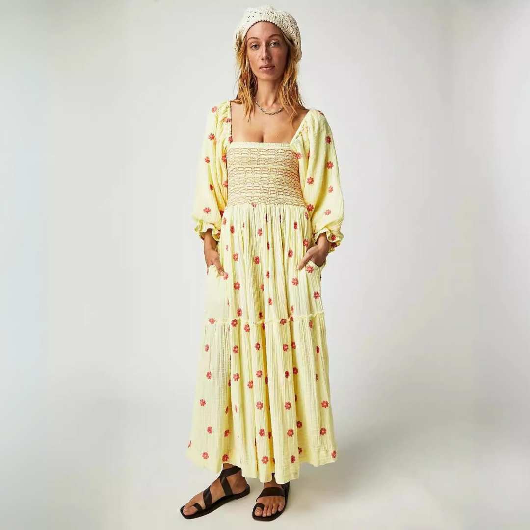 MOIRA™ - Robe longue confortable à manches lanterne à col carré à imprimé floral