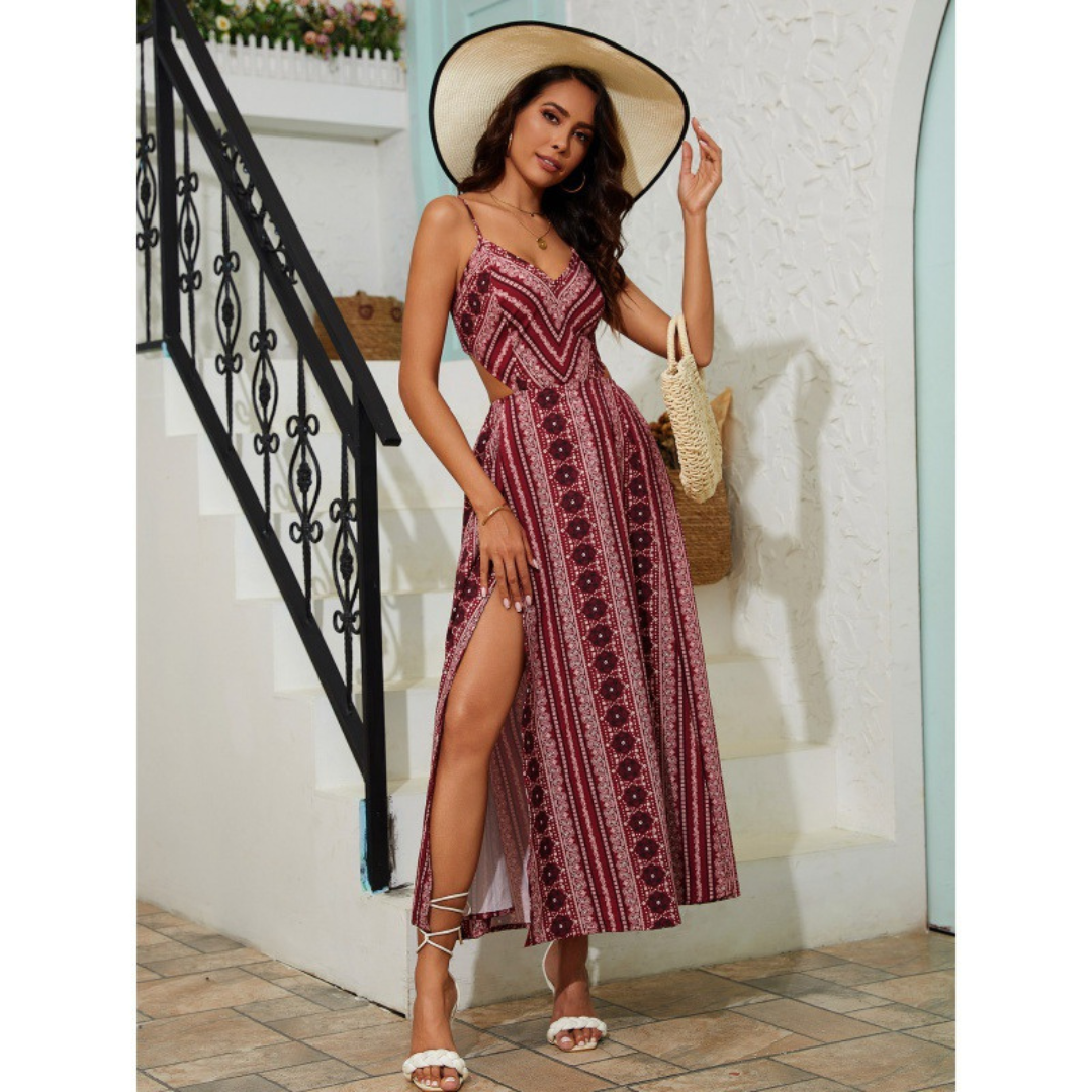 CLARINDA™ – Robe longue froncée sans manches à col en V profond décontractée