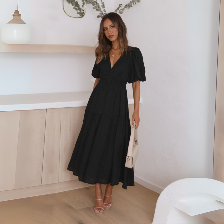 NAMU™ - Robe longue trapèze à manches longues et col en V élégante