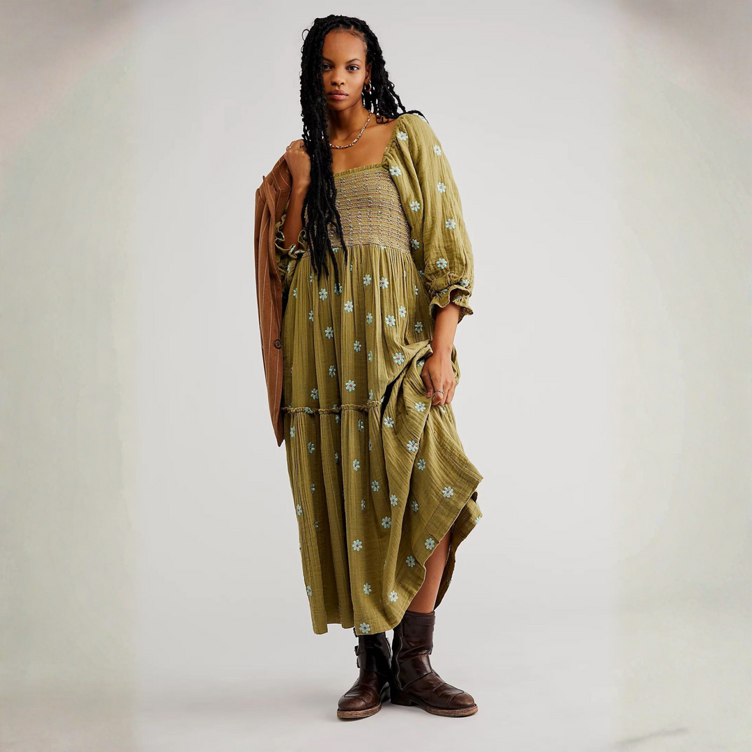 MOIRA™ - Robe longue confortable à manches lanterne à col carré à imprimé floral