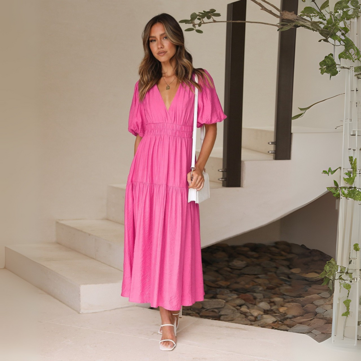 NAMU™ - Robe longue trapèze à manches longues et col en V élégante
