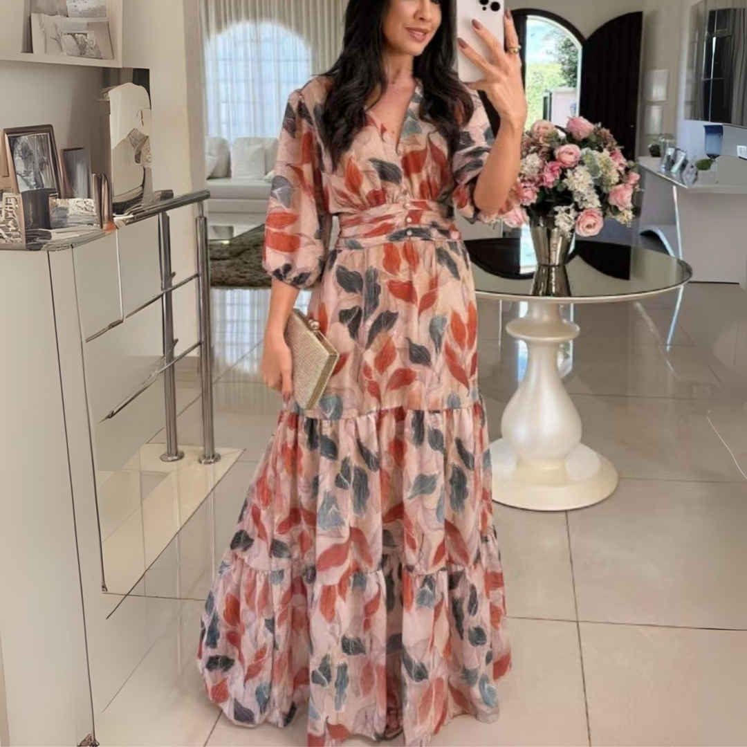 BELL™ - Robe longue élégante col en V manches bouffantes