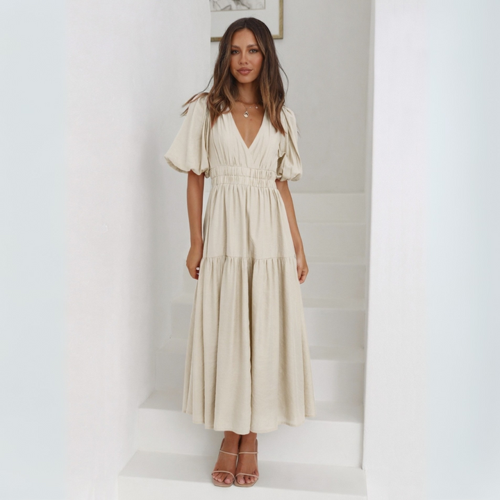 NAMU™ - Robe longue trapèze à manches longues et col en V élégante