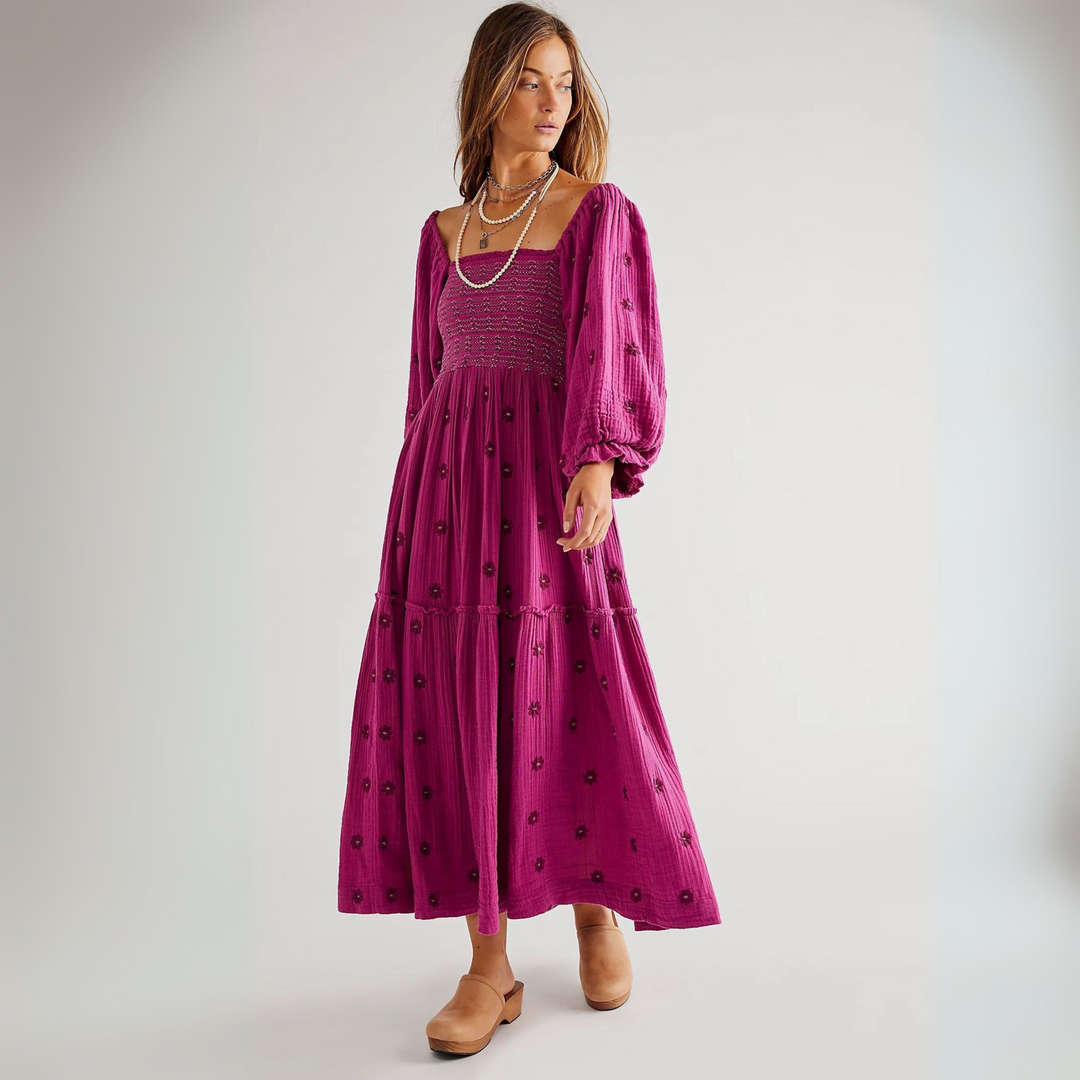 MOIRA™ - Robe longue confortable à manches lanterne à col carré à imprimé floral