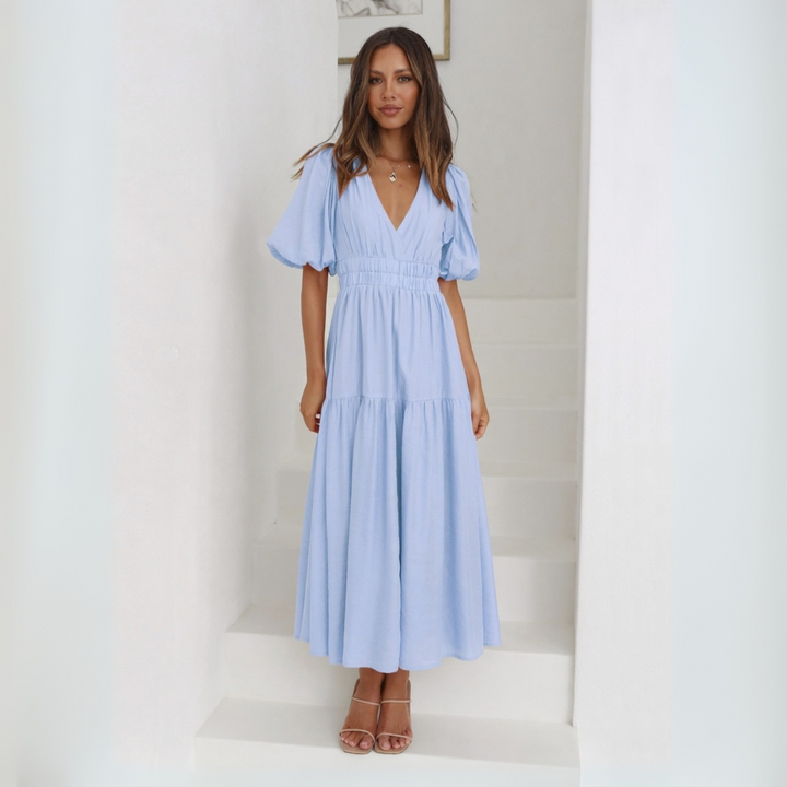 NAMU™ - Robe longue trapèze à manches longues et col en V élégante