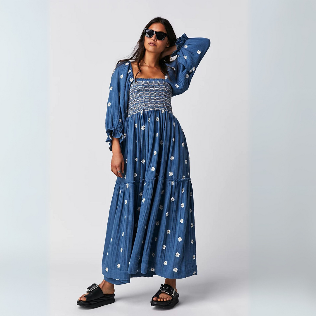 MOIRA™ - Robe longue confortable à manches lanterne à col carré à imprimé floral