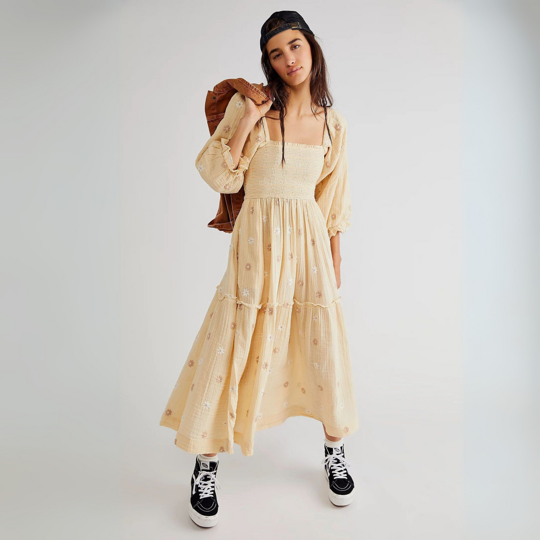 MOIRA™ - Robe longue confortable à manches lanterne à col carré à imprimé floral