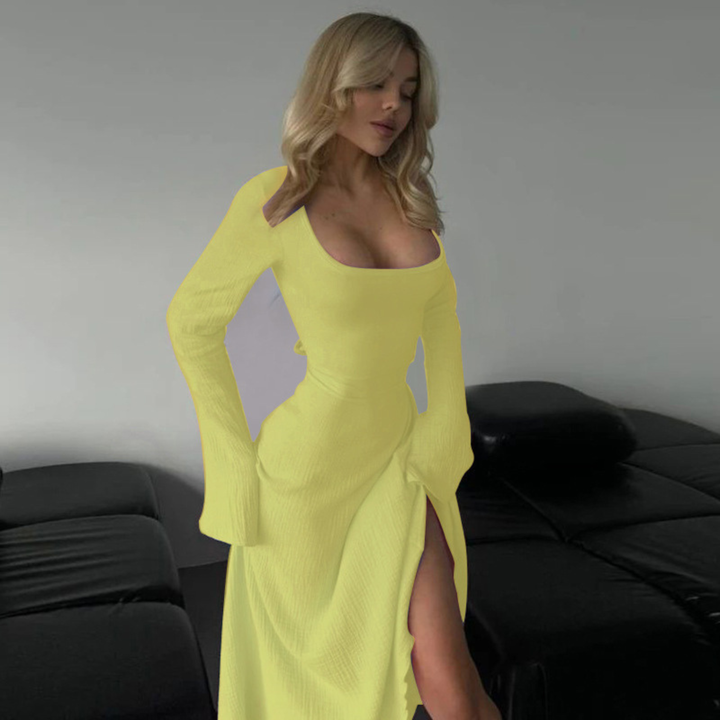CILICIA™ - Robe Longue Trapèze Maxi Élégante Unie à Volants Manches Longues Col Carré