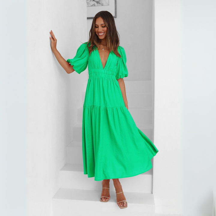 NAMU™ - Robe longue trapèze à manches longues et col en V élégante