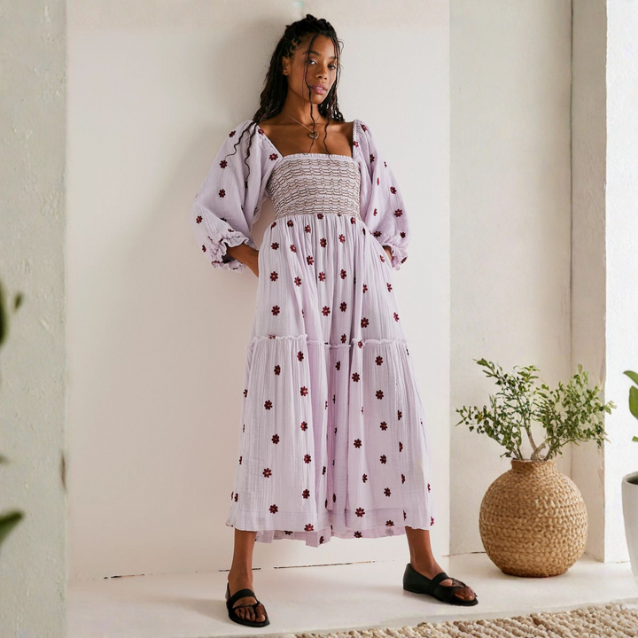MOIRA™ - Robe longue confortable à manches lanterne à col carré à imprimé floral