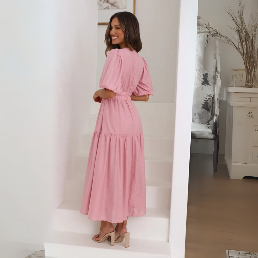 NAMU™ - Robe longue trapèze à manches longues et col en V élégante
