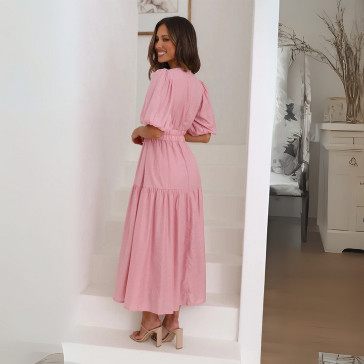 NAMU™ - Robe longue trapèze à manches longues et col en V élégante