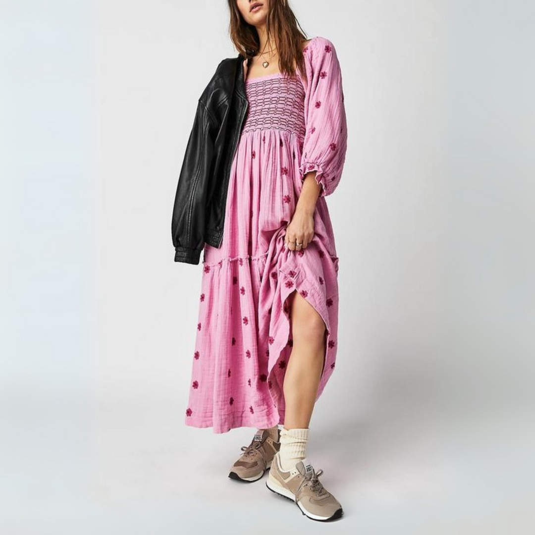 MOIRA™ - Robe longue confortable à manches lanterne à col carré à imprimé floral