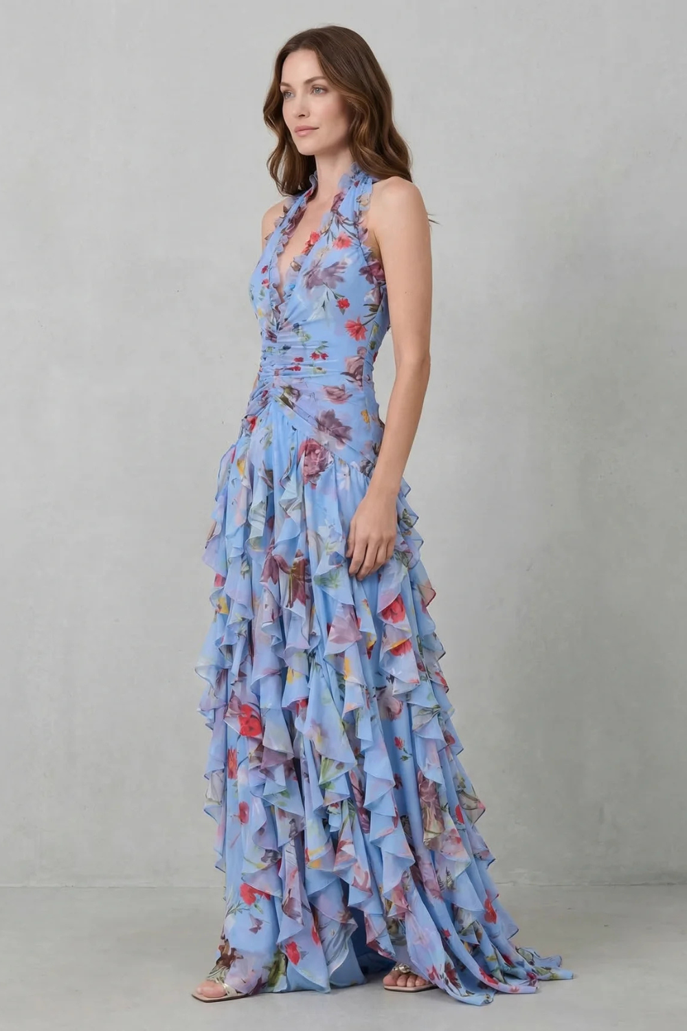 Belladina | Elegant Cascading Rose Maxi Dress with American Neckline