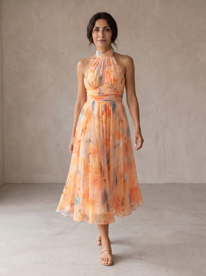Aurora | Watercolor Print Halter Neck Dress